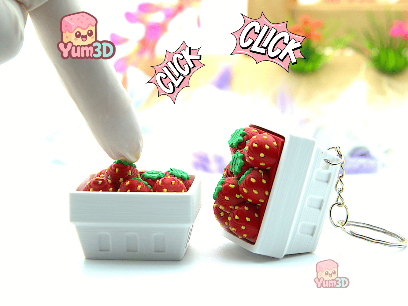 🍓 Yum3D Chaveiro Fidget Clicker Cesto de Morangos - Chaveiro Fofo